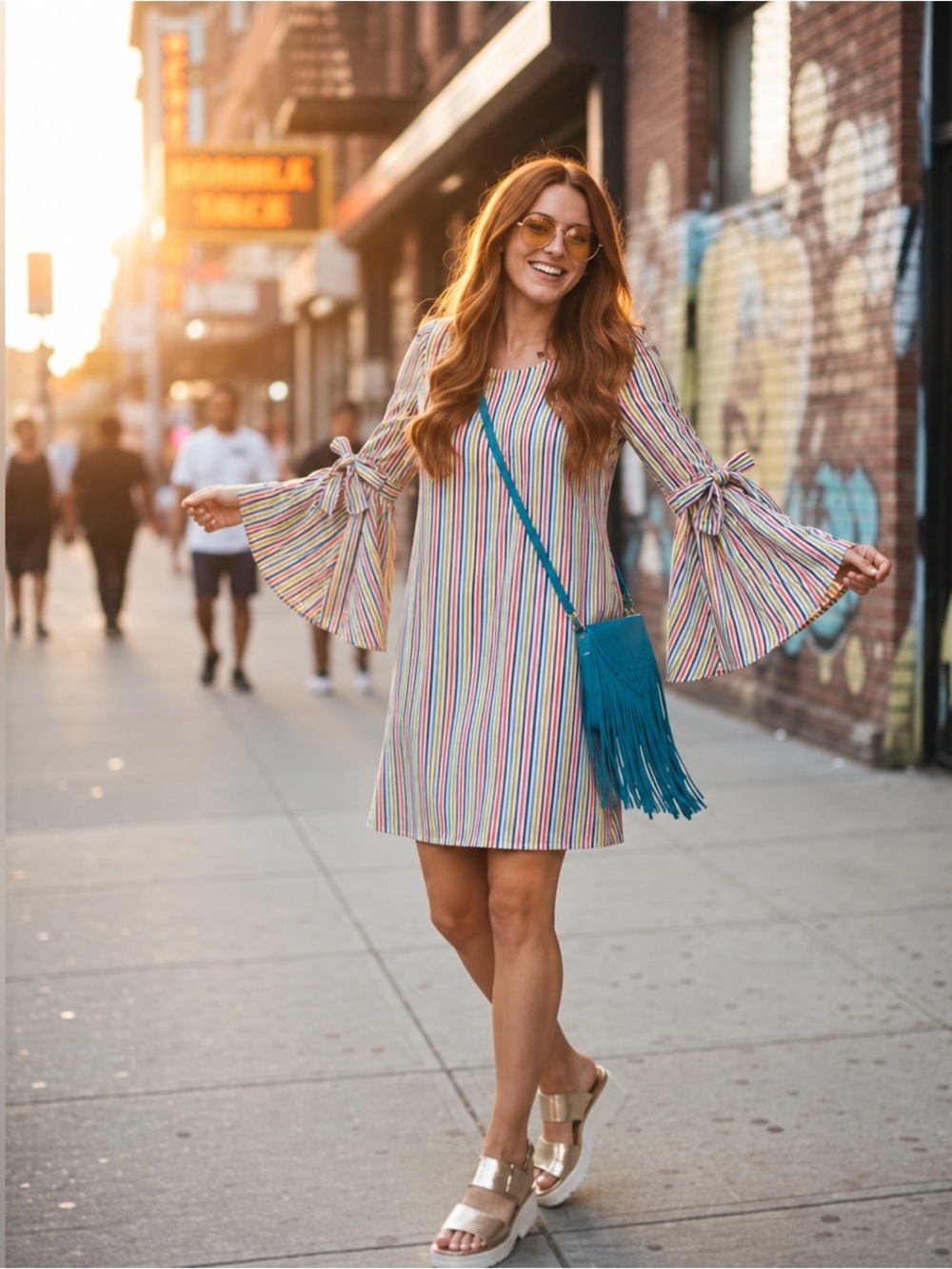 ECI | Vintage Rainbow Stripe Long-Sleeve Tie Detail Shift Dress